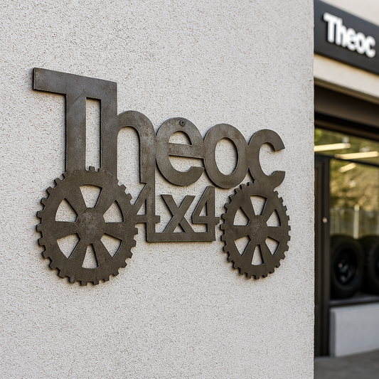 Decorative metal sign with 'Theoc 4x4' on a building exterior